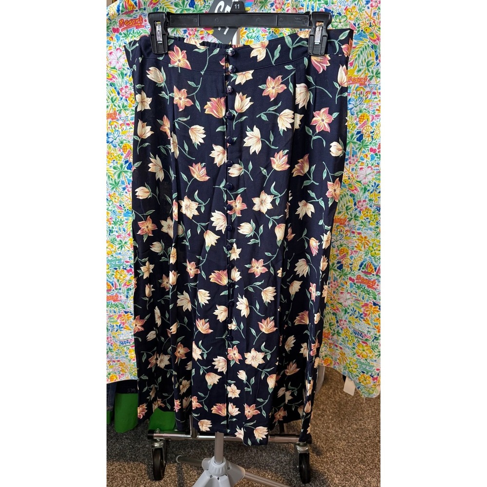172 Sage Harbor Petite Navy Floral Button Front Rayon Midi Skirt‎ Large 2271